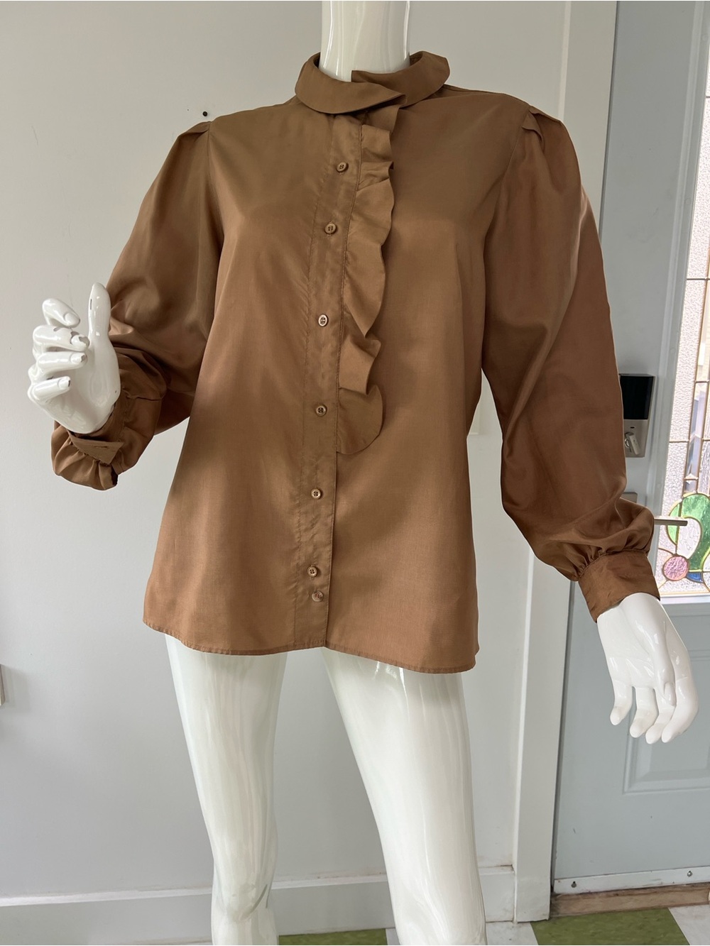 chocolate brown ruffled blouse a Victorian style Union made Made in USA